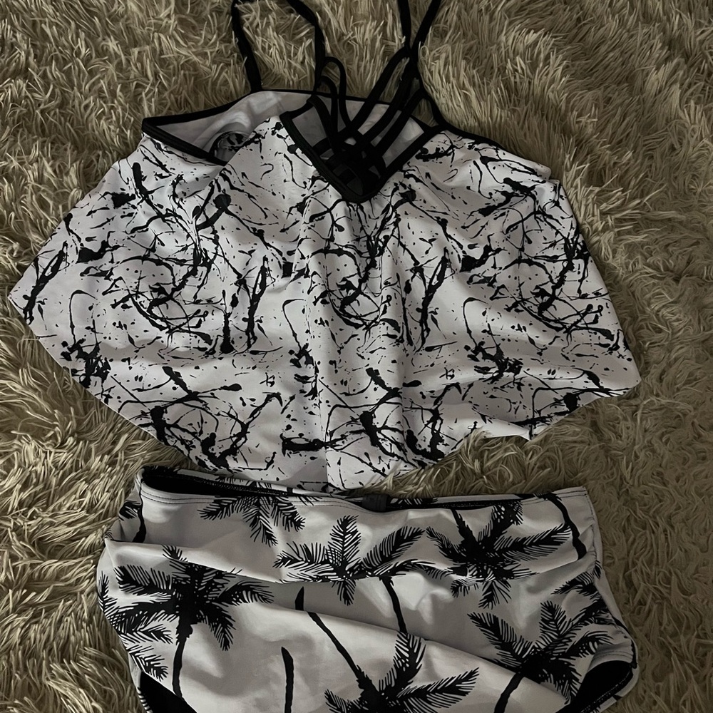 Black and White Strappy Bikini Set